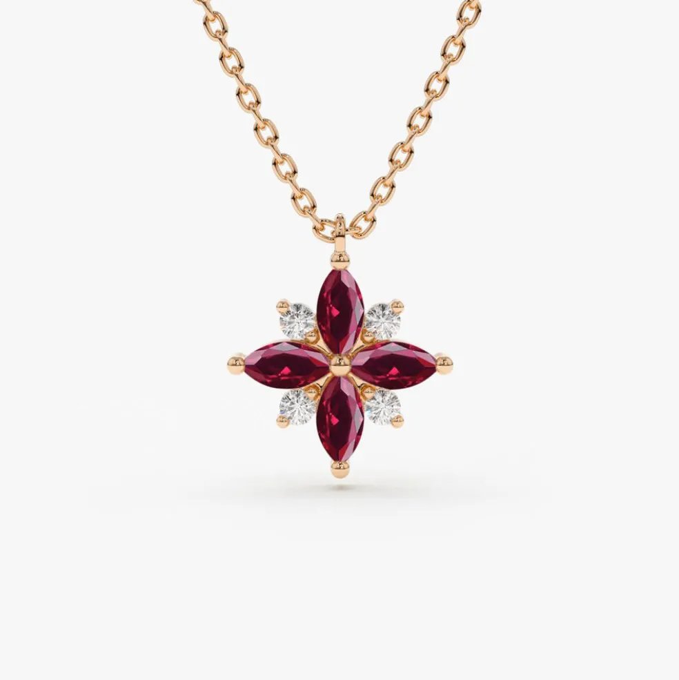 14K Floral Design Marquise Ruby and Diamond Pendant