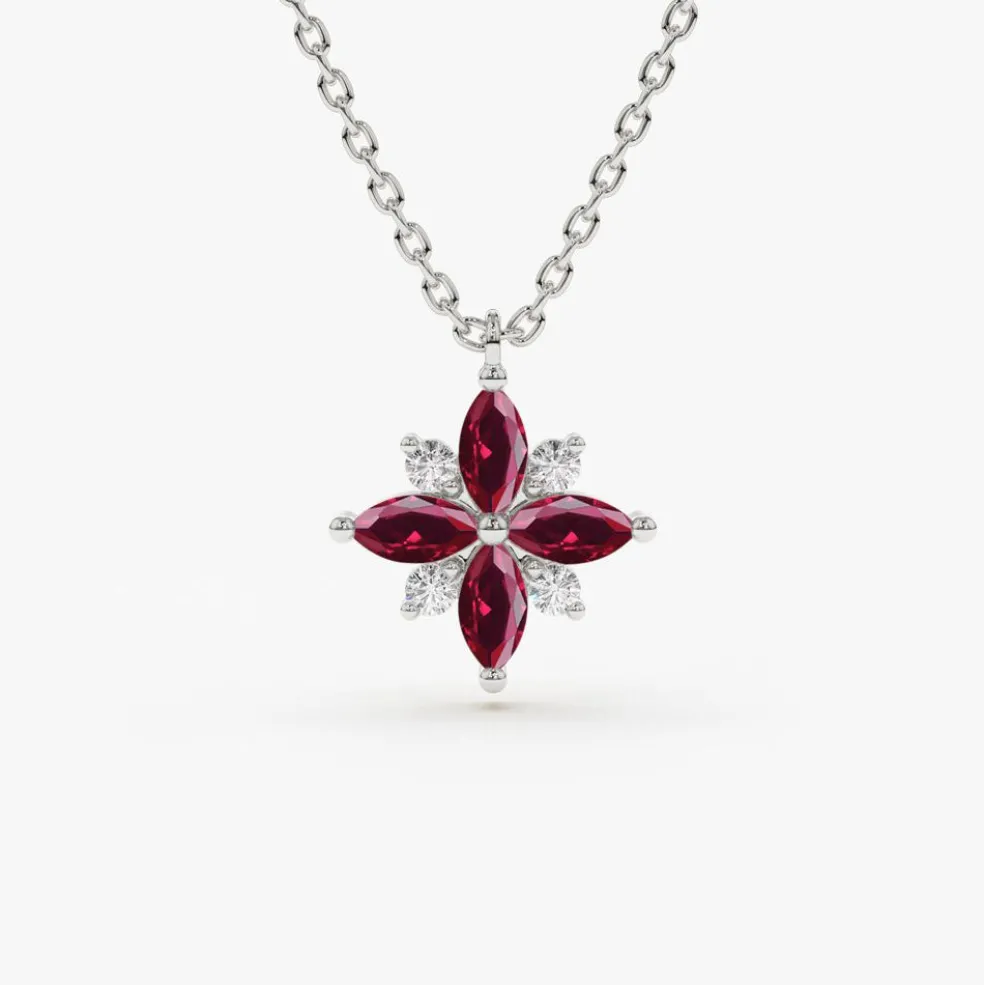 14K Floral Design Marquise Ruby and Diamond Pendant