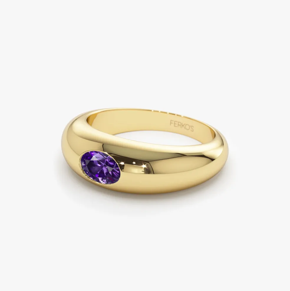 14k Flush Set Oval Amethyst Dome Ring