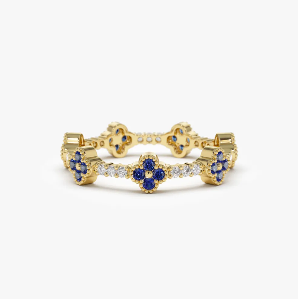 14k Full Eternity Clover Sapphire and Diamond Ring