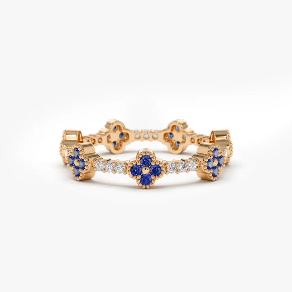14k Full Eternity Clover Sapphire and Diamond Ring