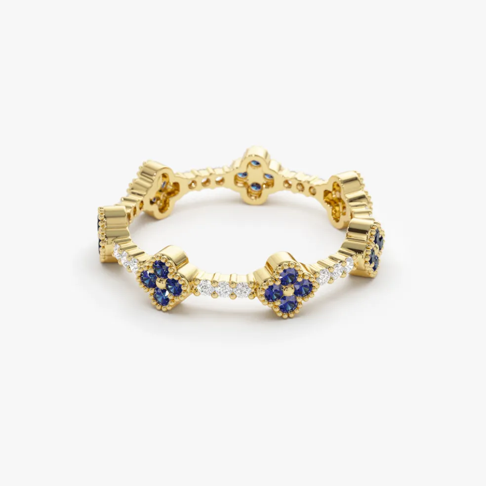 14k Full Eternity Clover Sapphire and Diamond Ring