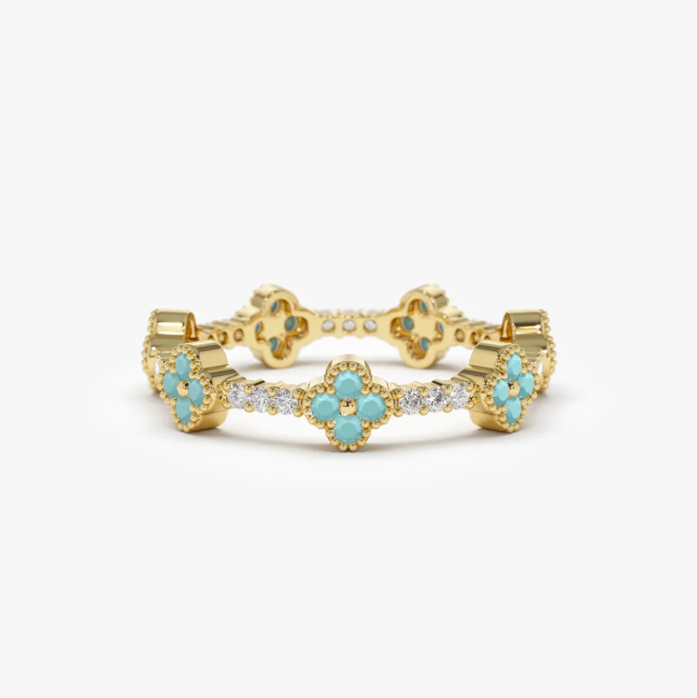14k Full Eternity Clover Turquoise and Diamond Ring