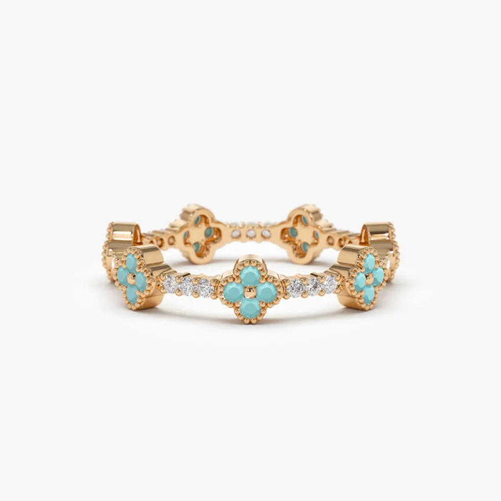 14k Full Eternity Clover Turquoise and Diamond Ring