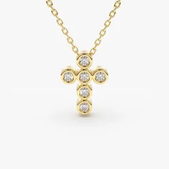 14K Gold 6 Stone Bezel Setting Diamond Cross Necklace