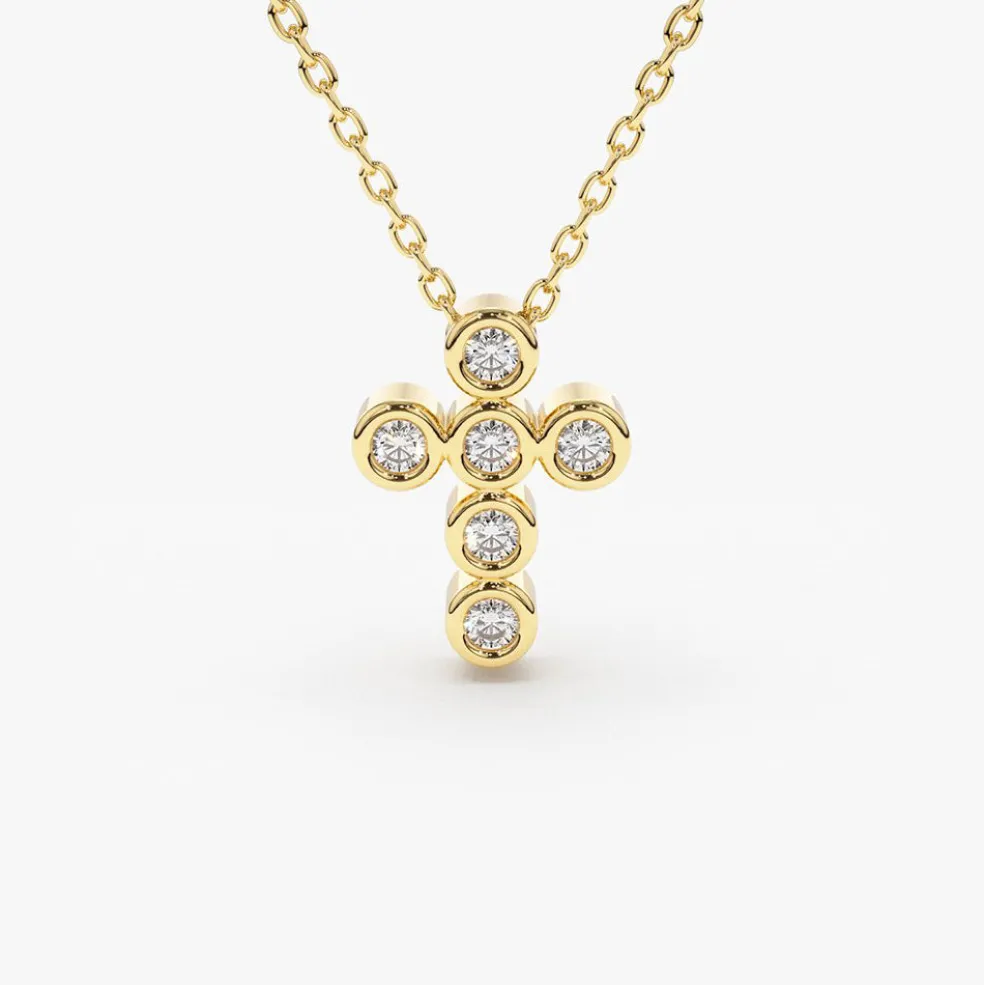 14K Gold 6 Stone Bezel Setting Diamond Cross Necklace