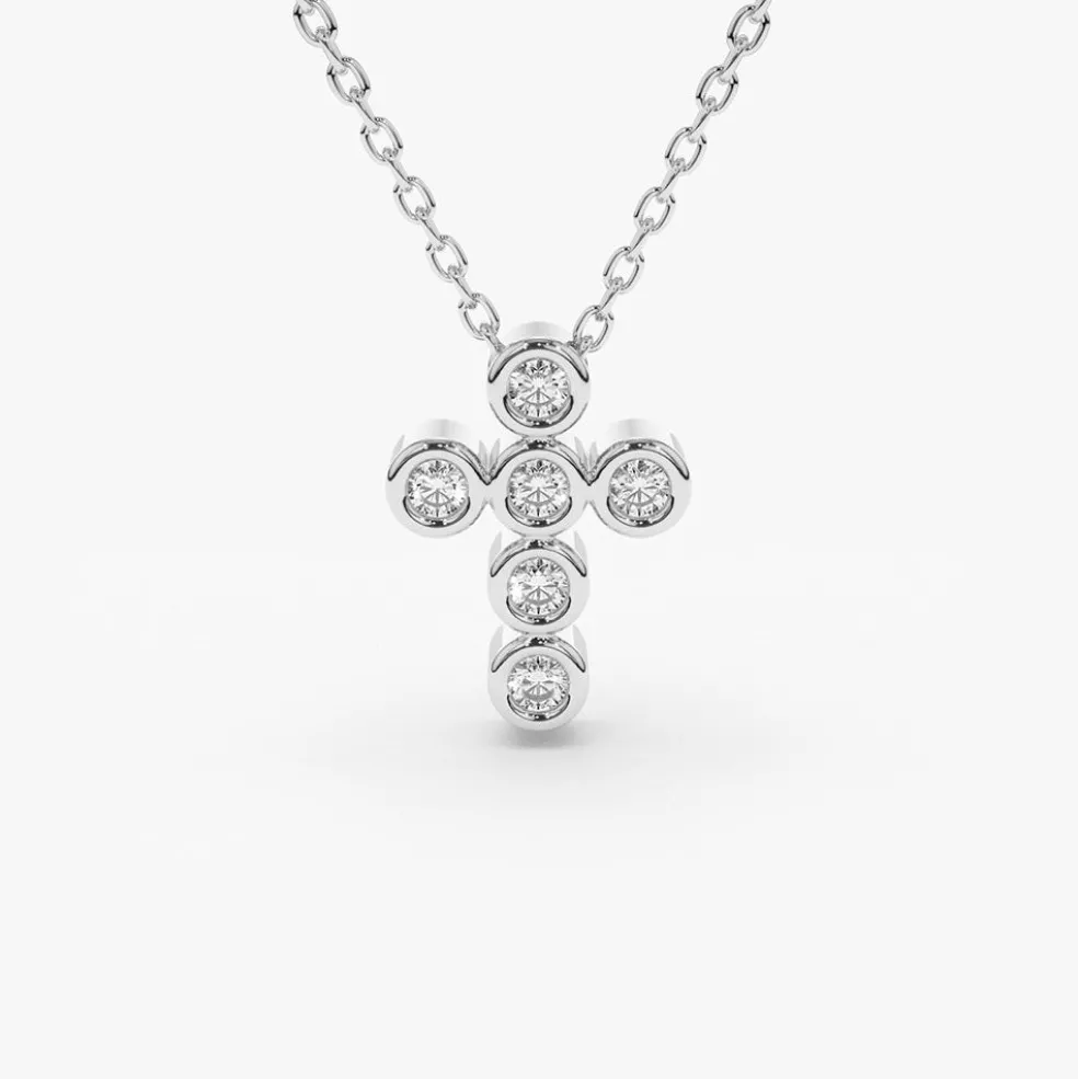 14K Gold 6 Stone Bezel Setting Diamond Cross Necklace
