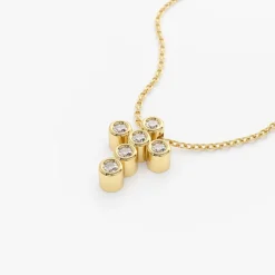 14K Gold 6 Stone Bezel Setting Diamond Cross Necklace