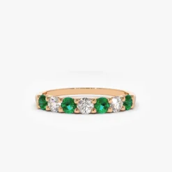 14K Gold Alternating Emerald and Diamond Wedding Band
