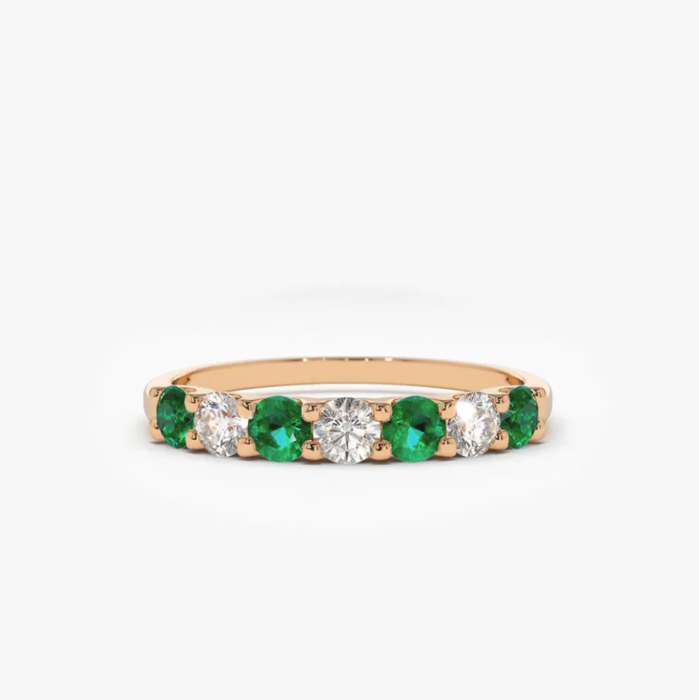 14K Gold Alternating Emerald and Diamond Wedding Band