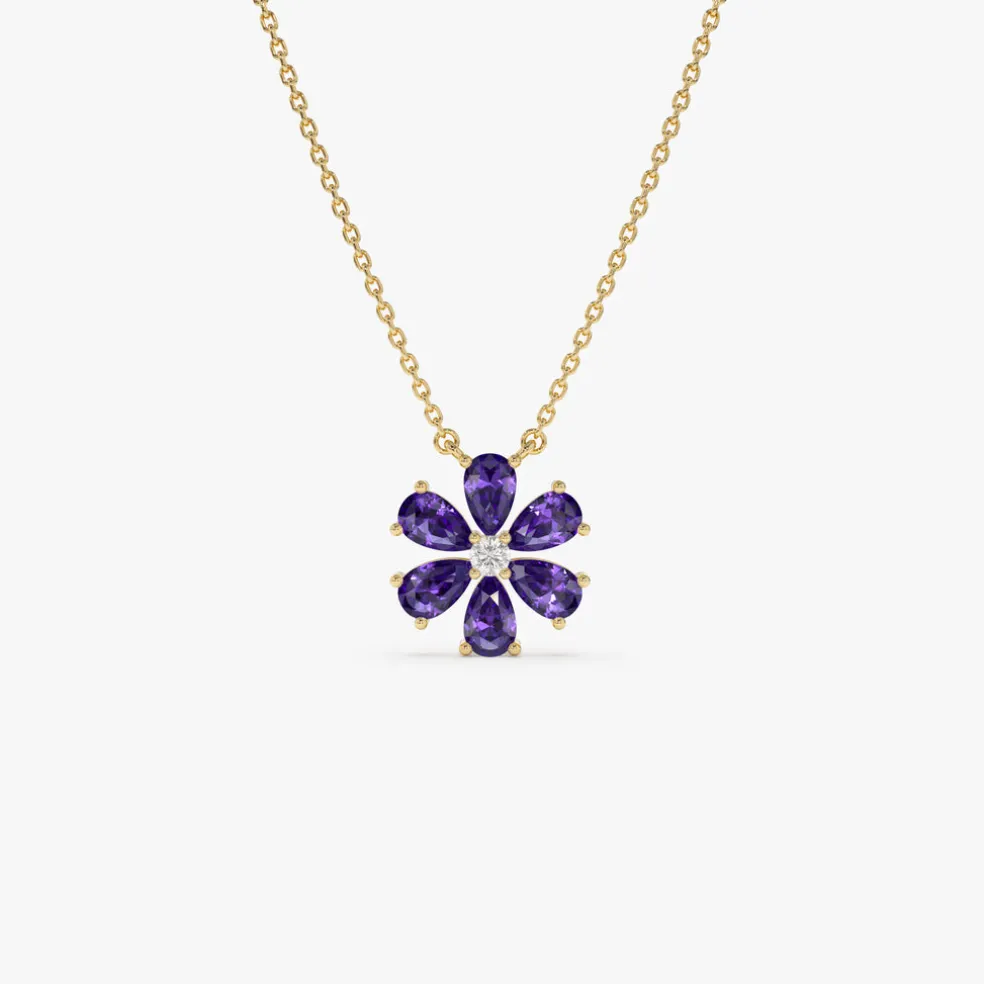 14K Gold Amethyst Flower Necklace