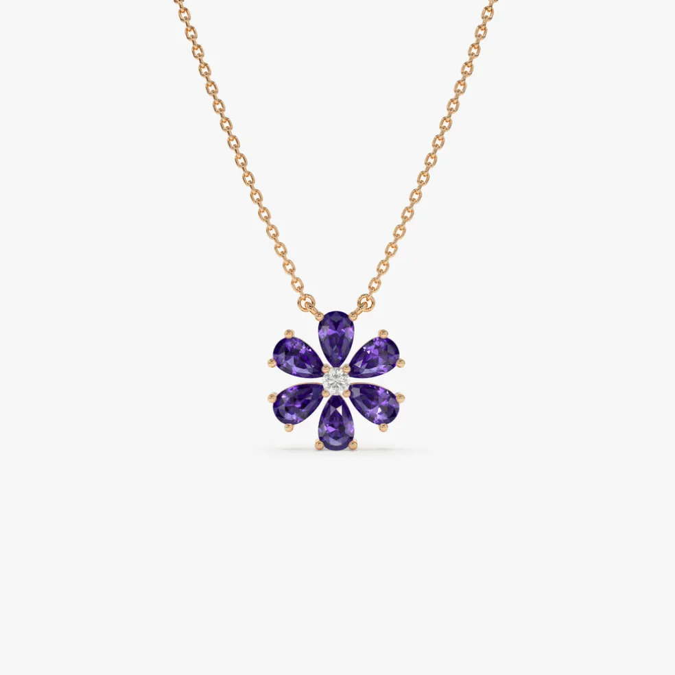 14K Gold Amethyst Flower Necklace