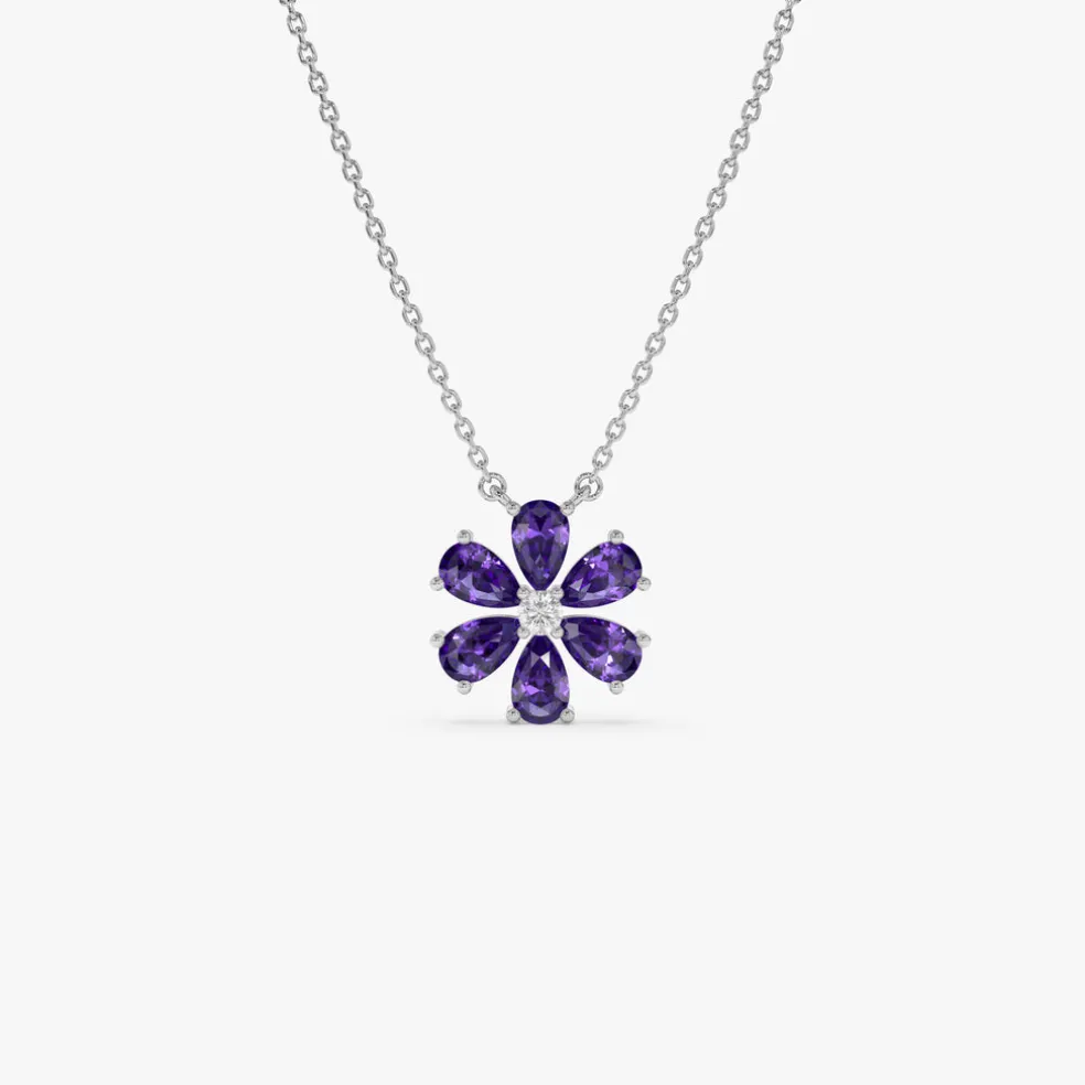 14K Gold Amethyst Flower Necklace