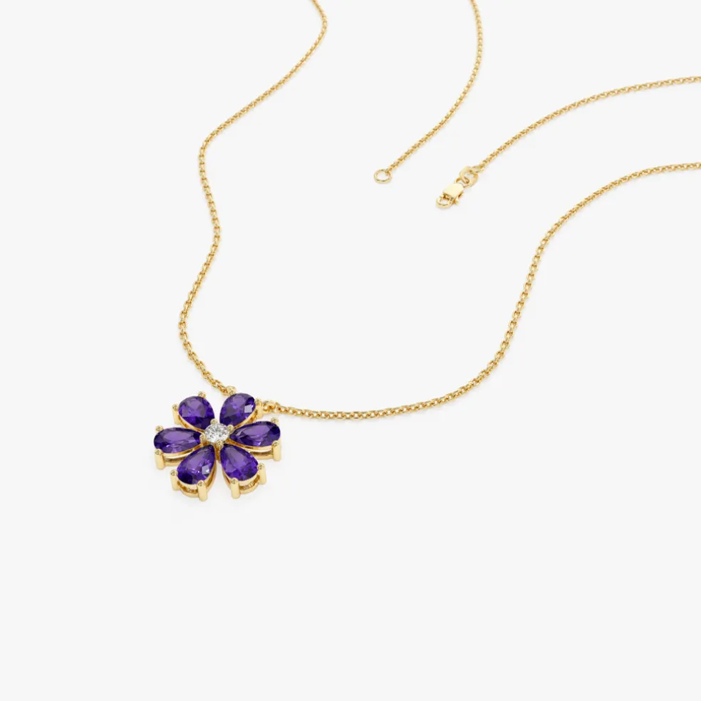 14K Gold Amethyst Flower Necklace
