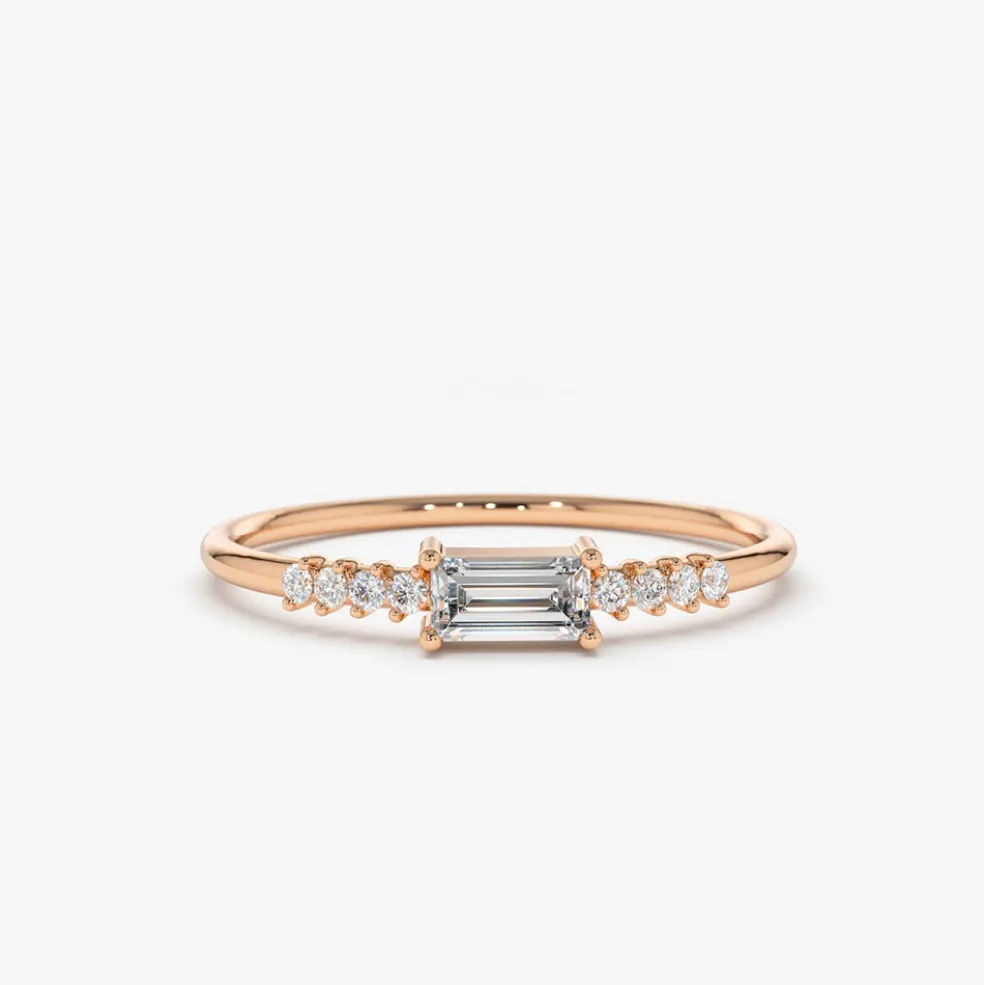 14K Gold Baguette & Round Diamond Engagement Ring