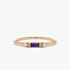 14K Gold Baguette Amethyst With Diamond Ring