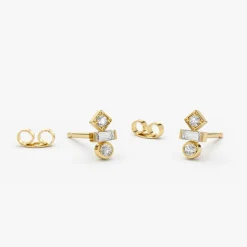 14K Gold Baguette and Round Cut Mix Diamond Earrings