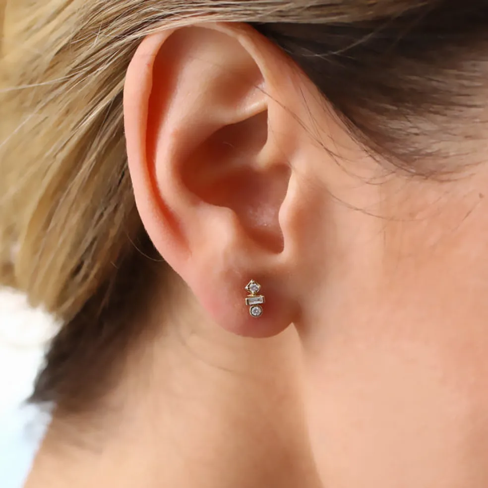 14K Gold Baguette and Round Cut Mix Diamond Earrings