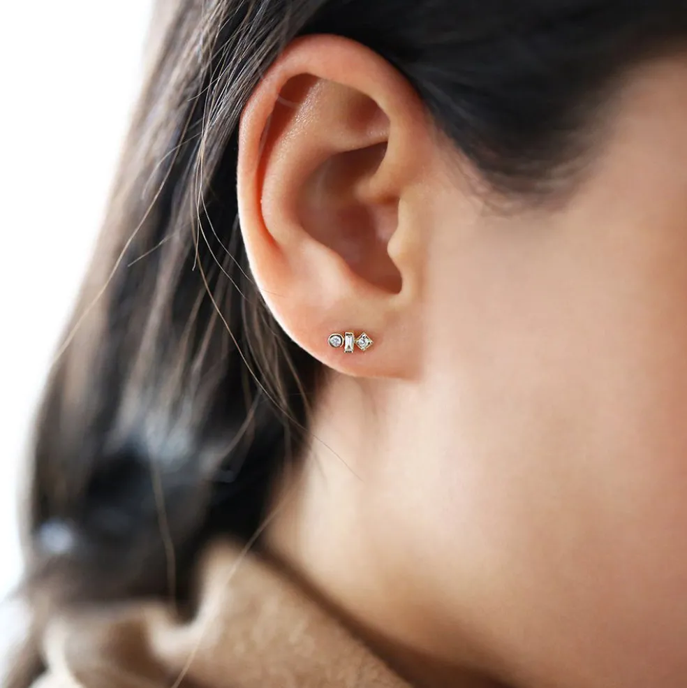 14K Gold Baguette and Round Cut Mix Diamond Earrings
