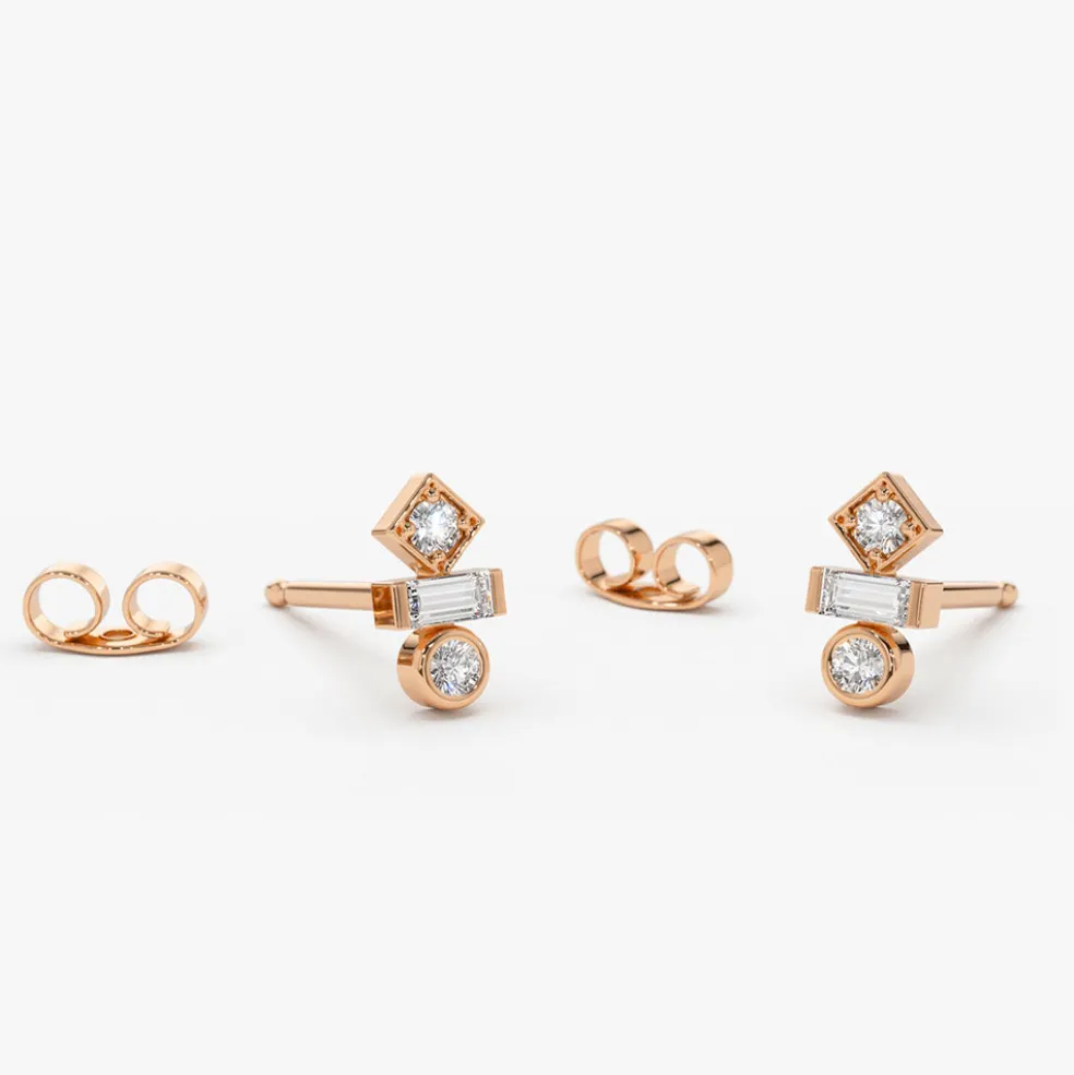 14K Gold Baguette and Round Cut Mix Diamond Earrings