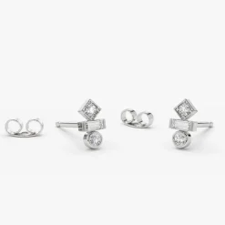 14K Gold Baguette and Round Cut Mix Diamond Earrings