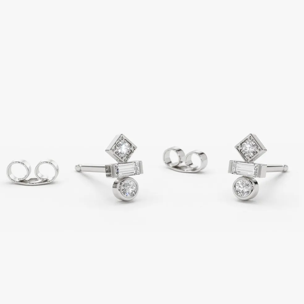 14K Gold Baguette and Round Cut Mix Diamond Earrings