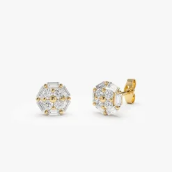 14k Gold Baguette and Round Diamond Cluster Studs
