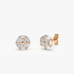 14k Gold Baguette and Round Diamond Cluster Studs