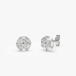 14k Gold Baguette and Round Diamond Cluster Studs