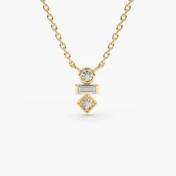 14K Gold Baguette and Round Cut Diamond Necklace