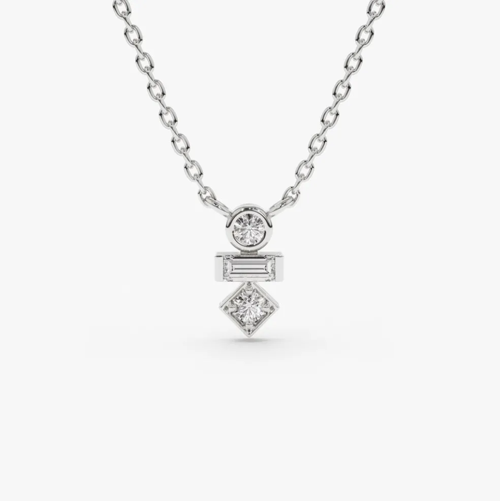 14K Gold Baguette and Round Cut Diamond Necklace