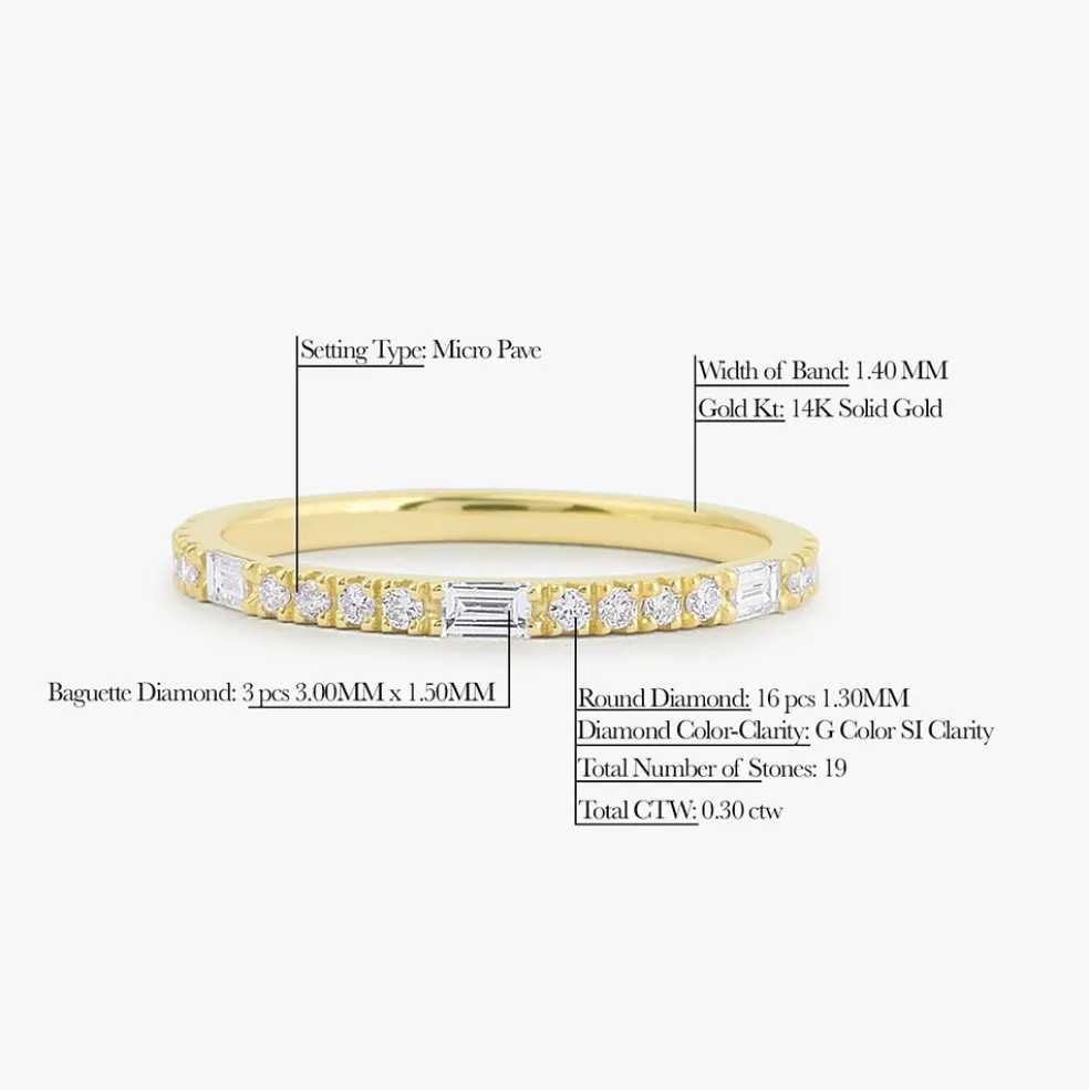 14K Gold Baguette and Round Cut Diamond Wedding Band