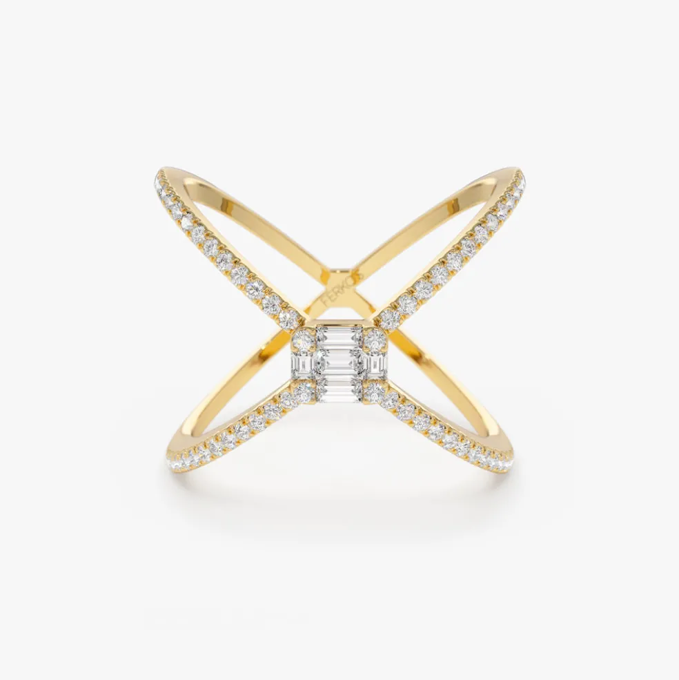 14k Gold Baguette and Round Diamond Illusion Setting Statement Ring
