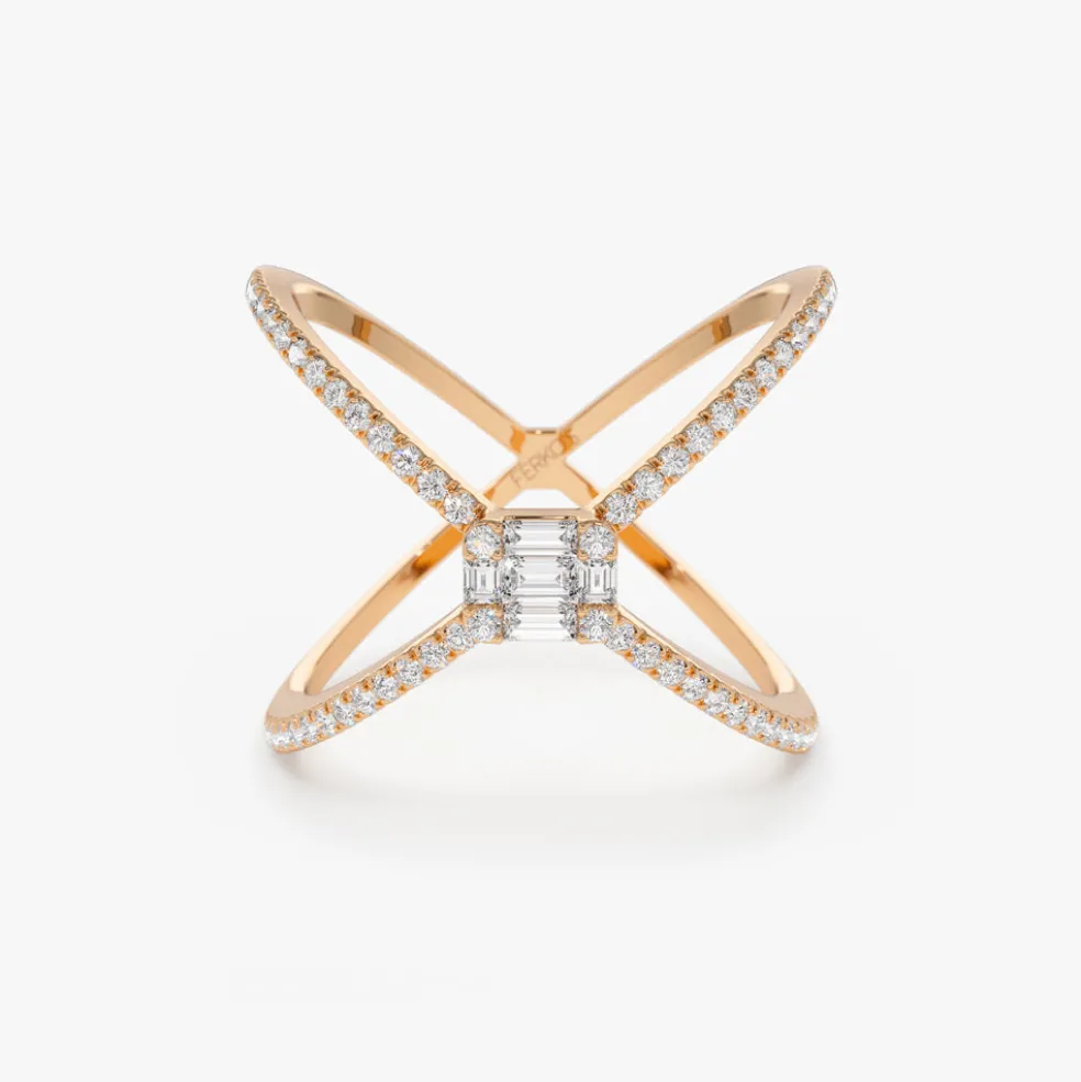 14k Gold Baguette and Round Diamond Illusion Setting Statement Ring