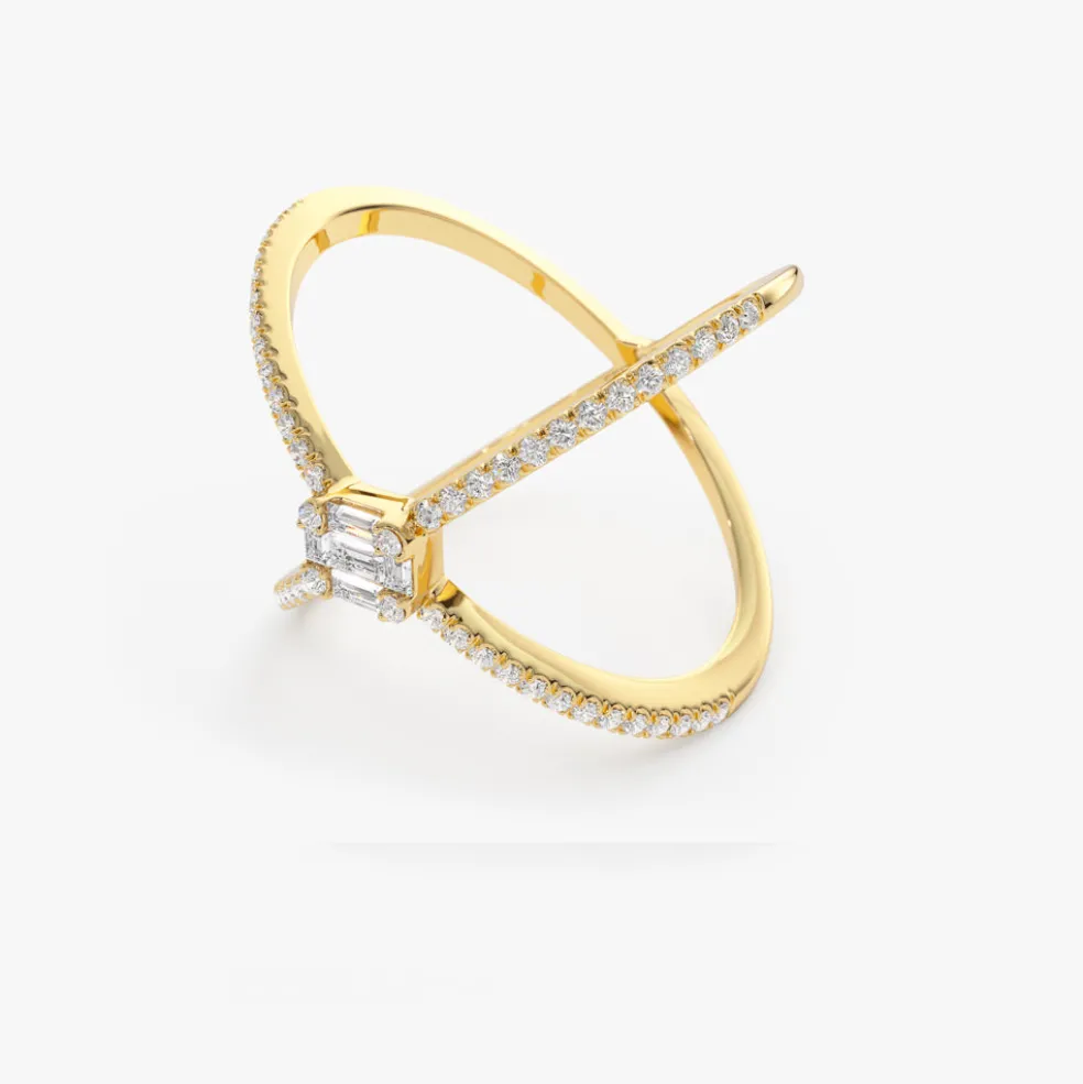 14k Gold Baguette and Round Diamond Illusion Setting Statement Ring