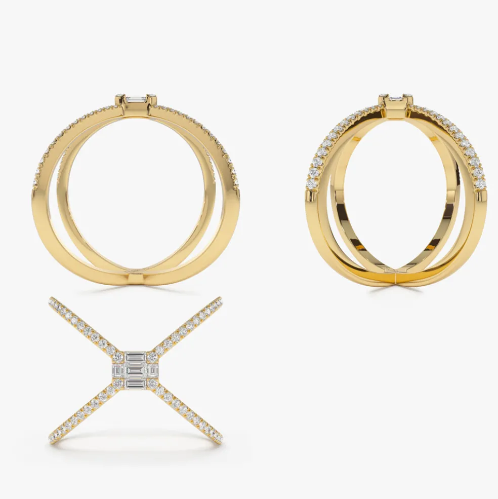 14k Gold Baguette and Round Diamond Illusion Setting Statement Ring