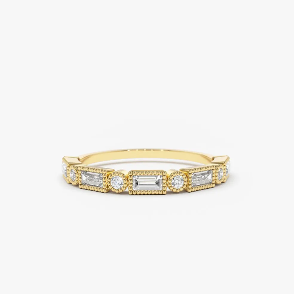 14K Gold Baguette and Round Diamond Ring