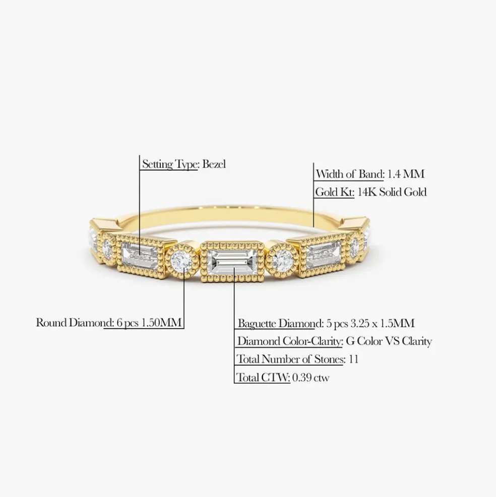14K Gold Baguette and Round Diamond Ring
