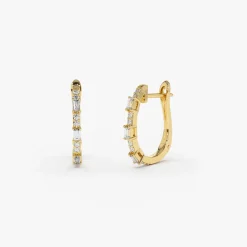 14K Gold Baguette And Round Diamond Earrings