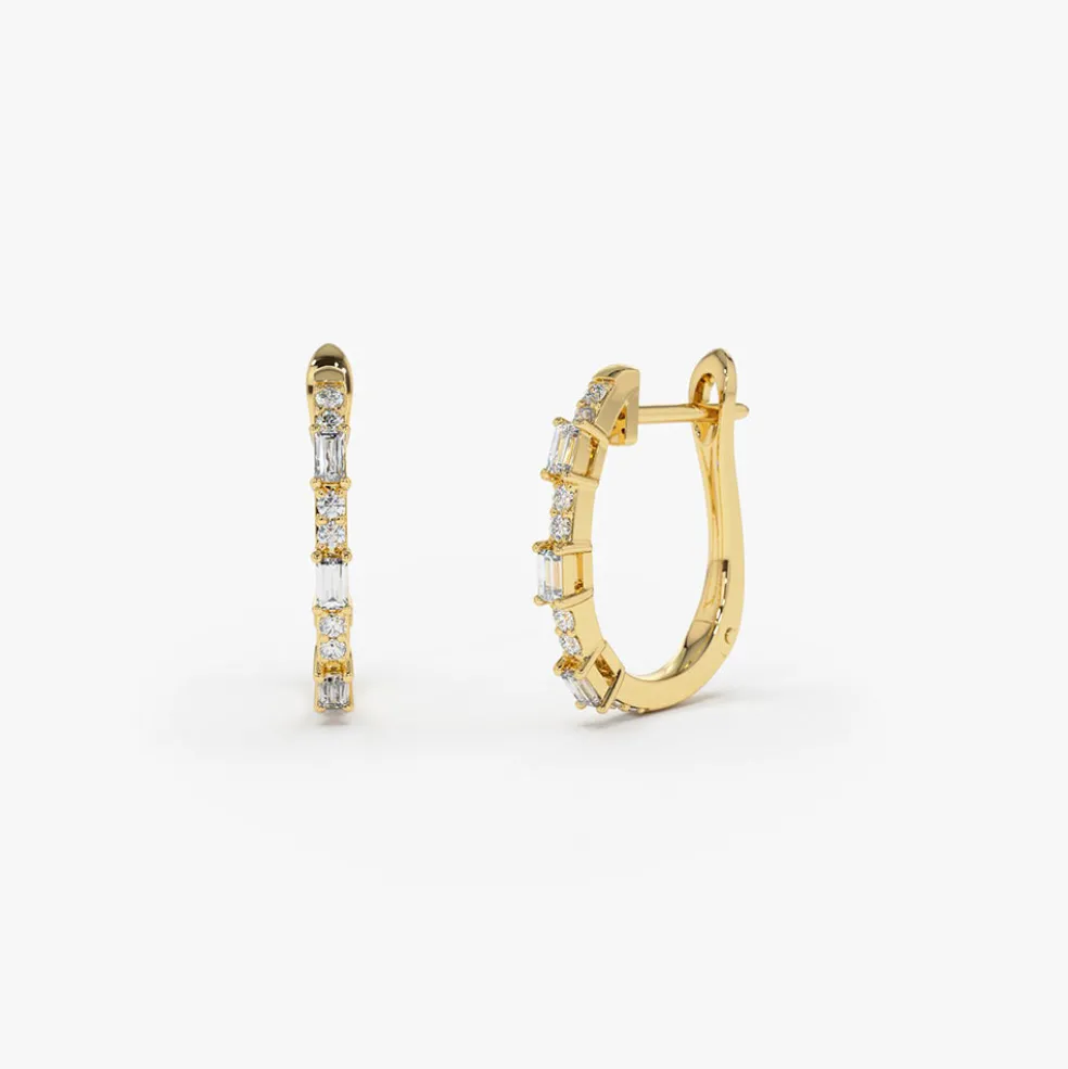 14K Gold Baguette And Round Diamond Earrings
