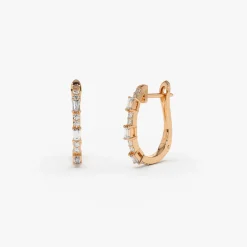 14K Gold Baguette And Round Diamond Earrings