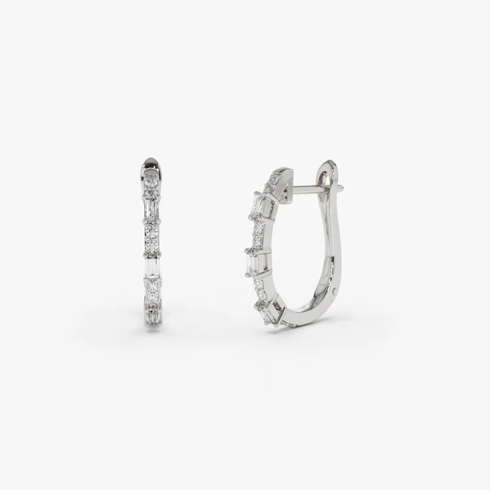 14K Gold Baguette And Round Diamond Earrings