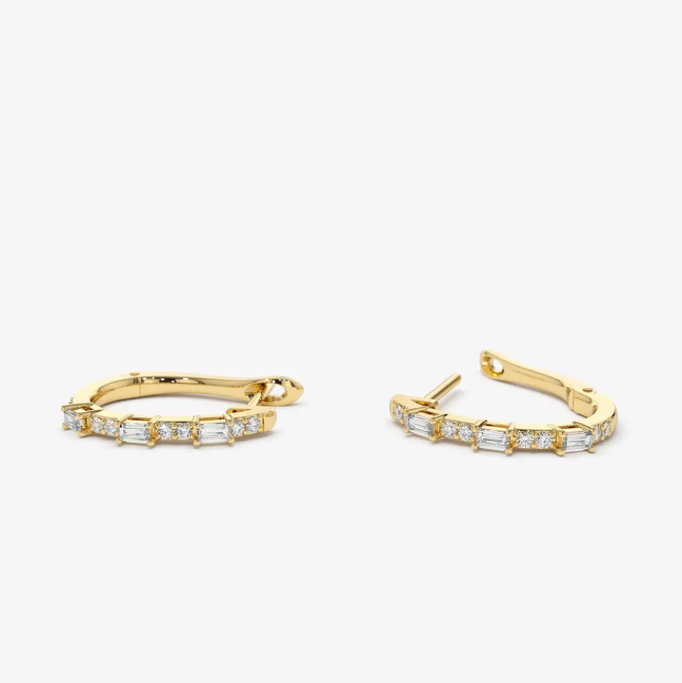 14K Gold Baguette And Round Diamond Earrings