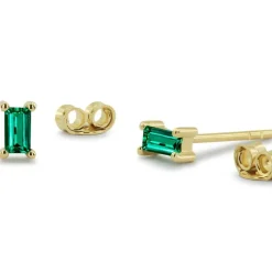 14K Gold Baguette Cut Emerald Studs