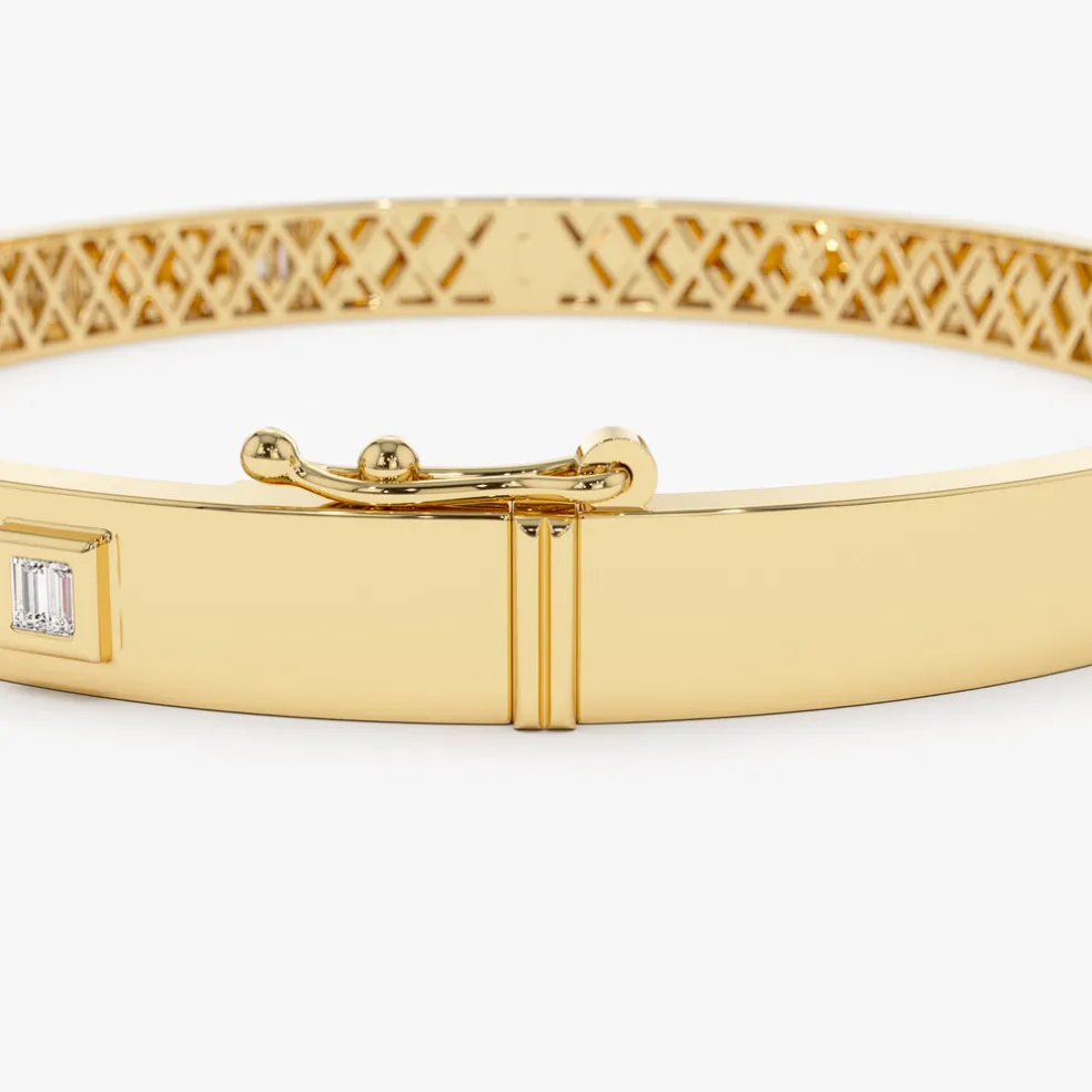14k Gold Baguette Diamond Bezel Setting Statement Bangle