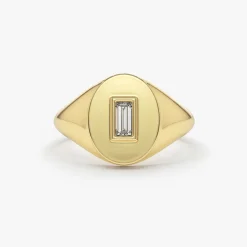 14K Gold Baguette Diamond Signet Ring