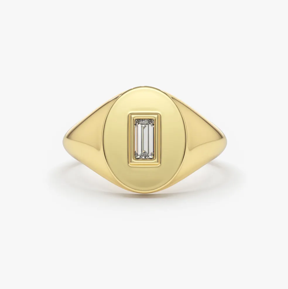 14K Gold Baguette Diamond Signet Ring