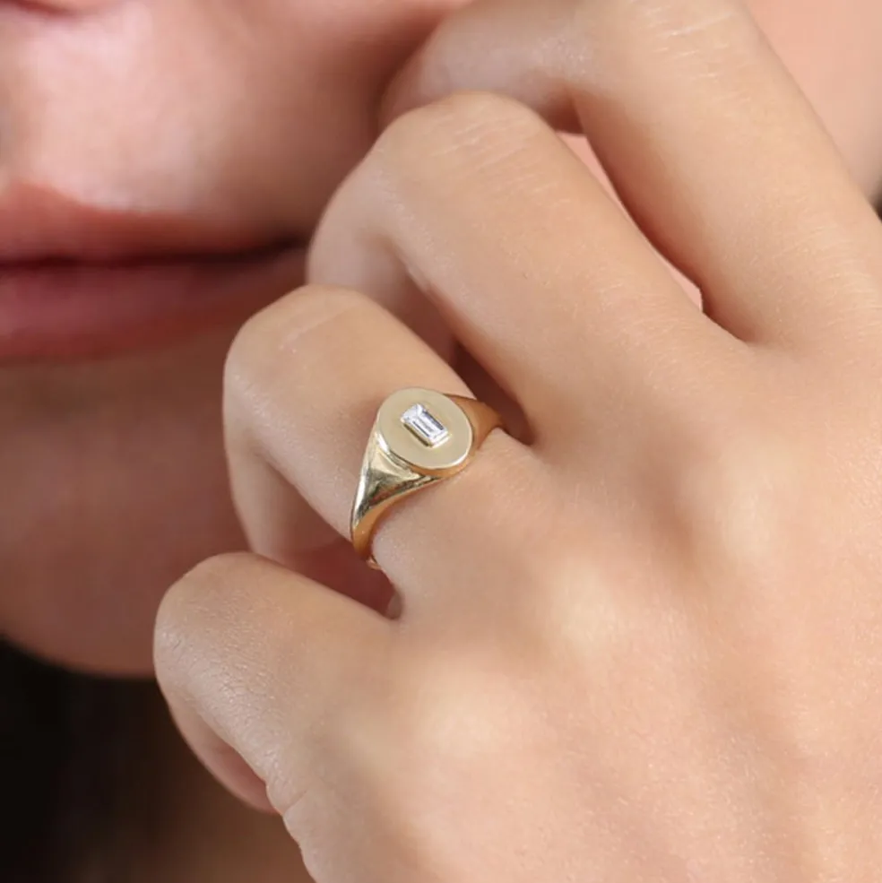 14K Gold Baguette Diamond Signet Ring