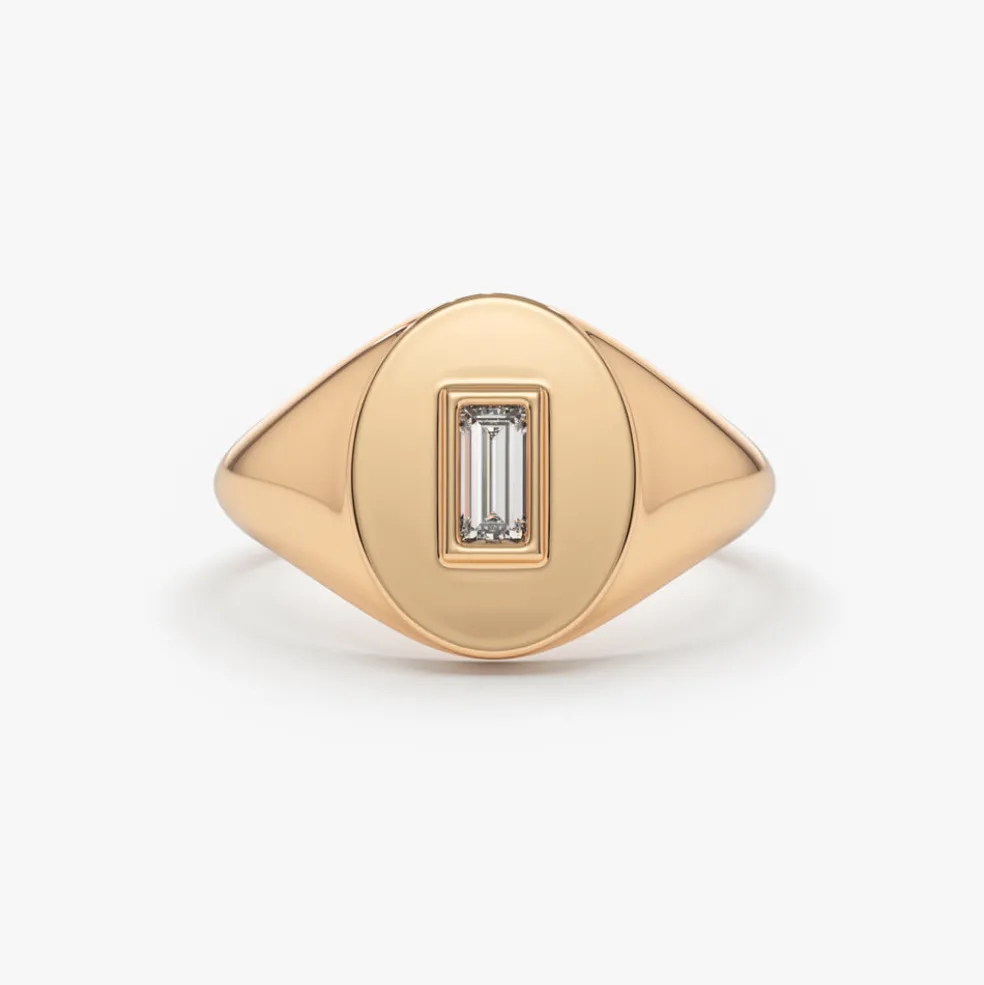14K Gold Baguette Diamond Signet Ring