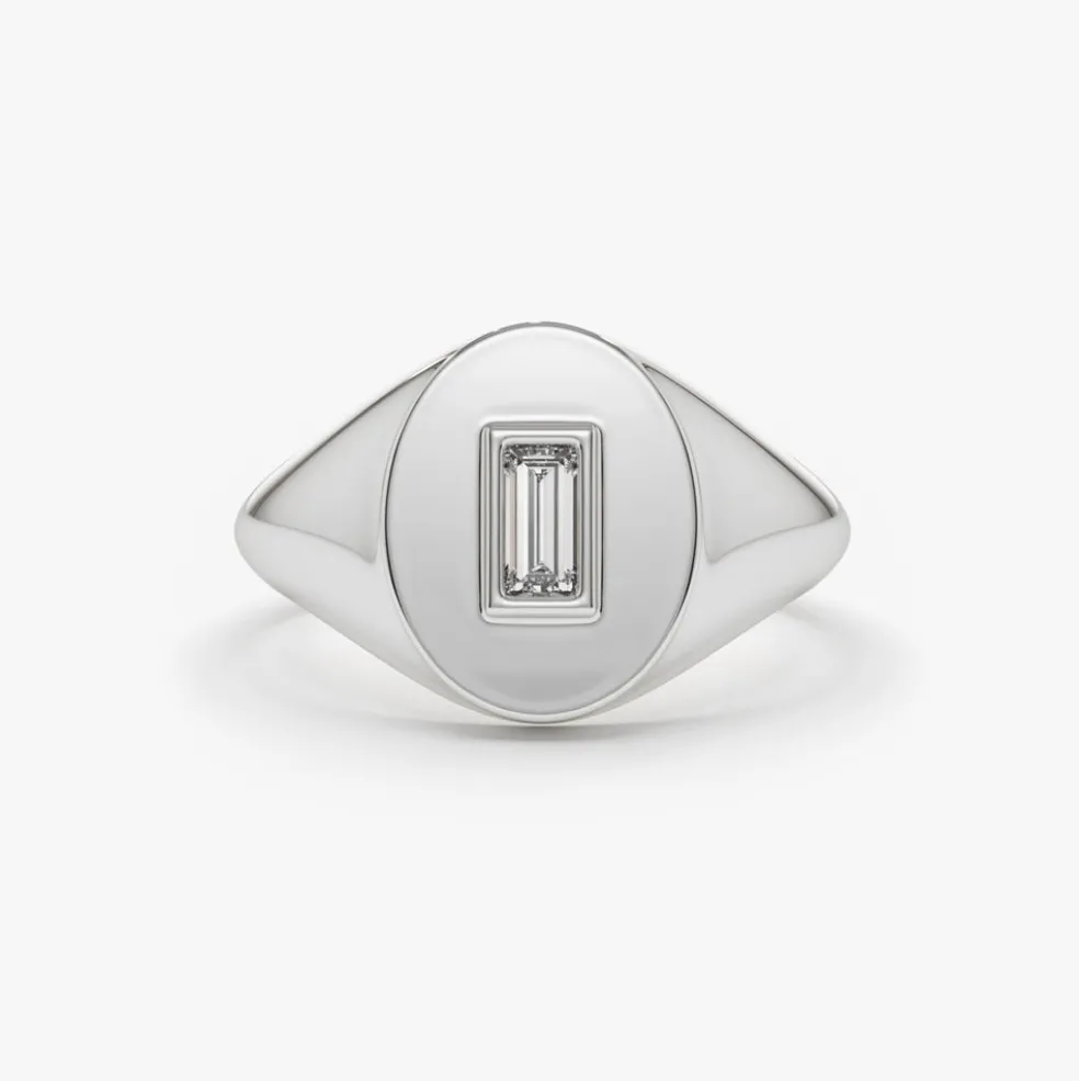 14K Gold Baguette Diamond Signet Ring